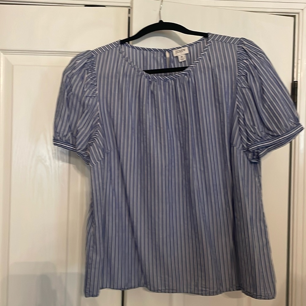 J. Crew short sleeve navy and white stripe blouse.